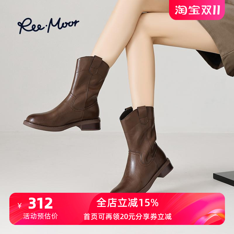 REEMOOR复古真皮中筒靴