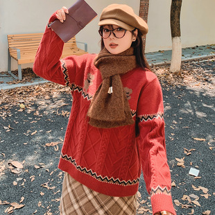 大码女装设计感小熊上衣女宽松慵懒感毛衣2024冬胖mm外套针织衫潮