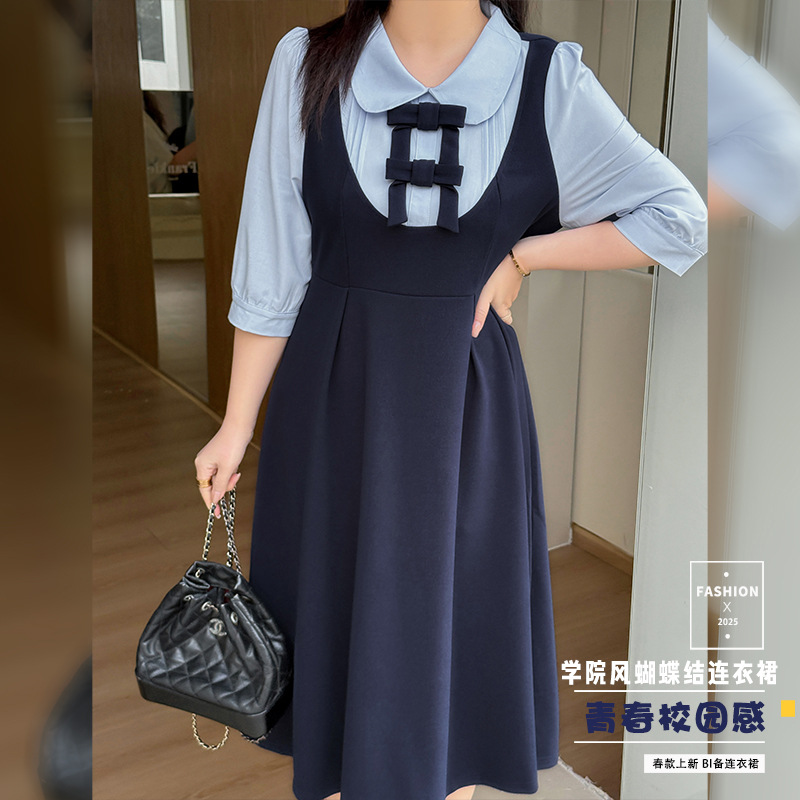 學院風蝴蝶結連衣裙甜美顯瘦減齡