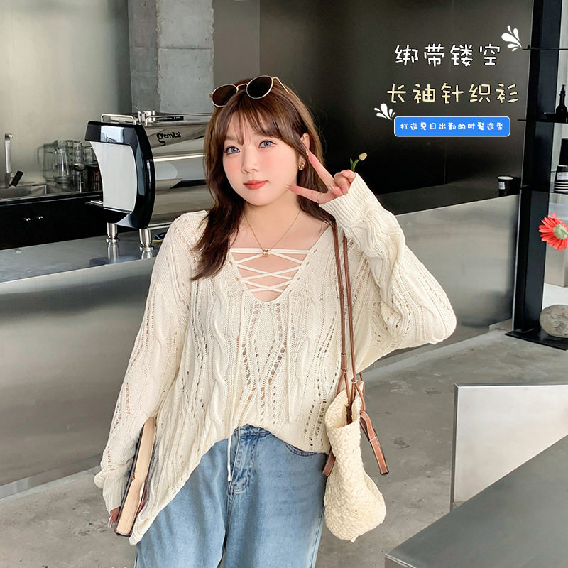 大码慵懒风绑带镂空长袖针织衫