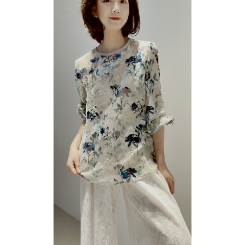 金线丝绒烂花重工圆领罩衫上衣