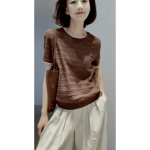 【镂空~/棉亚麻】撞色针织套衫