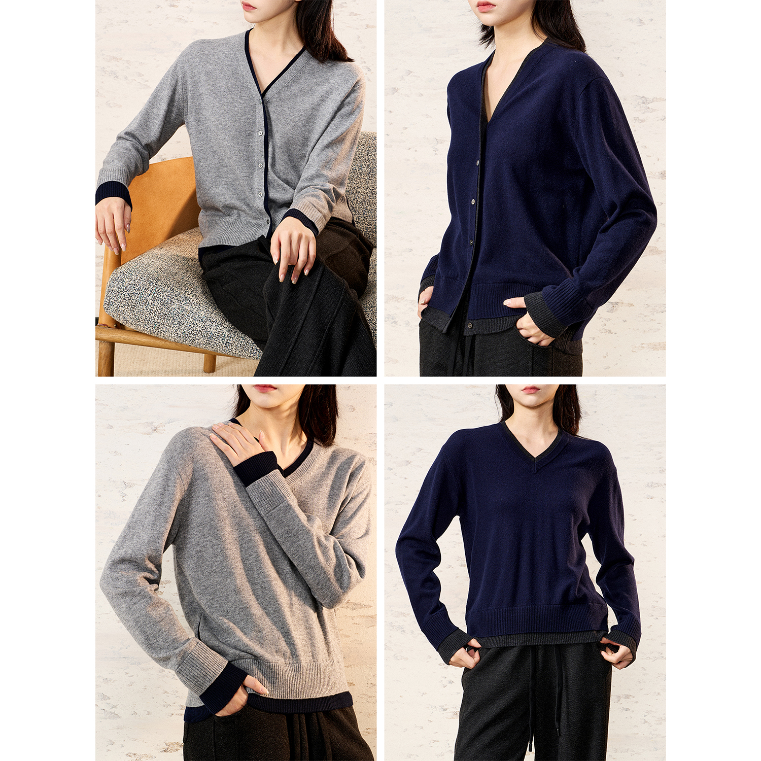 【时髦知识分子M1U风/羊绒羊毛/假两件/拼接撞色】V领/开衫/套衫