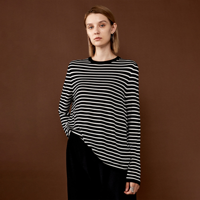 【ZZ0711518】“胶囊衣橱”系列100%真丝条纹针织长袖T恤/上衣