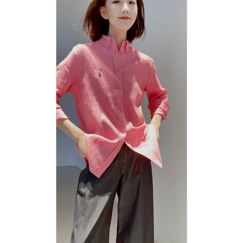 26新！爆款po*lo麻衬衫 100法国亚麻老钱风翻领长袖衬衫