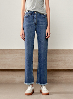 戎美【KZ0910723】意大利料 舒适微弹 经典直筒毛边九分牛仔裤