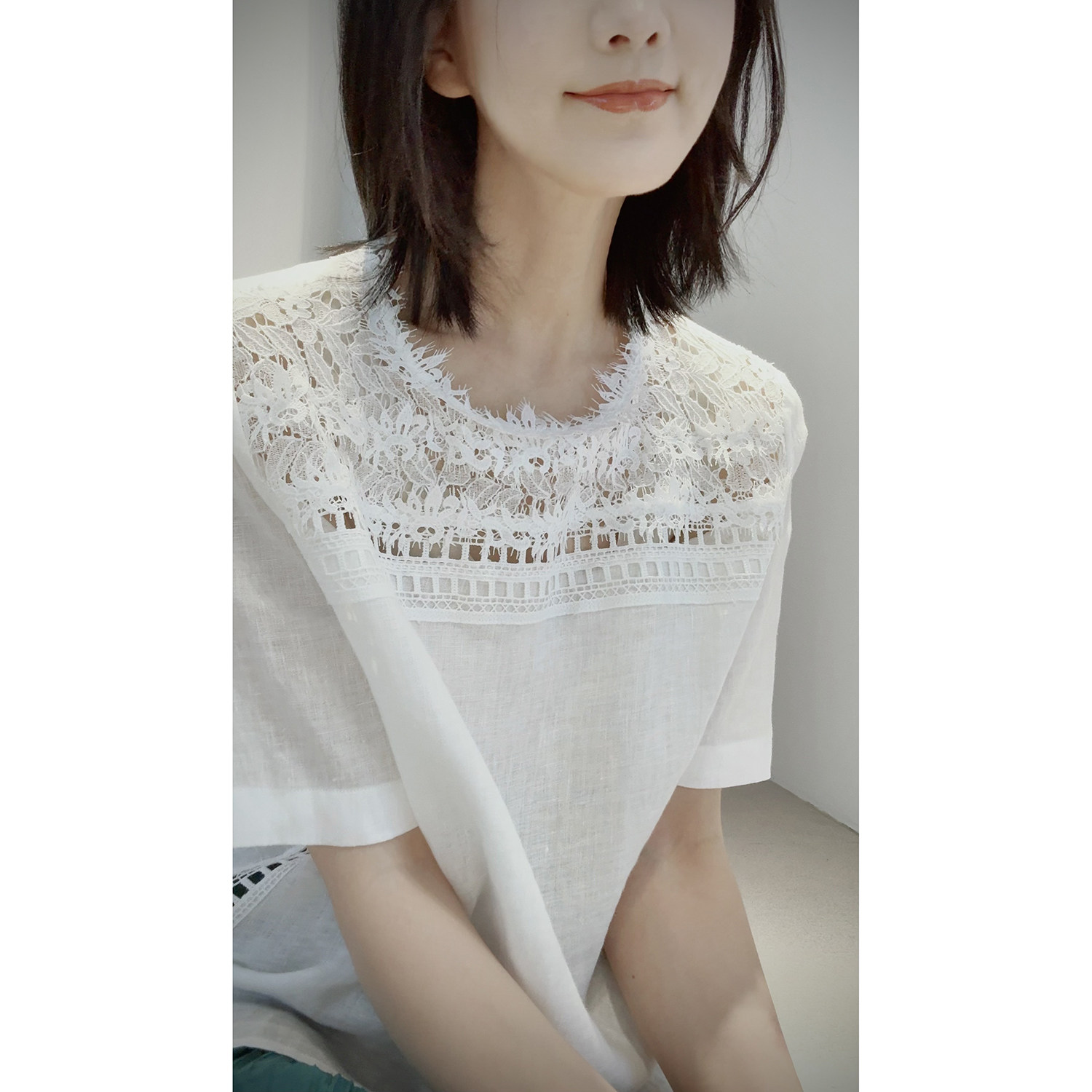 26夏新一梦浮生【重工蕾丝+100亚麻】半袖衬衫宽松圆领女上衣