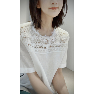 26夏新一梦浮生【重工蕾丝+100亚麻】半袖衬衫宽松圆领女上衣