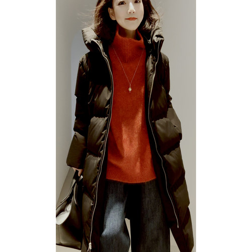 强缩棉感料白鹅绒长款连帽羽绒服