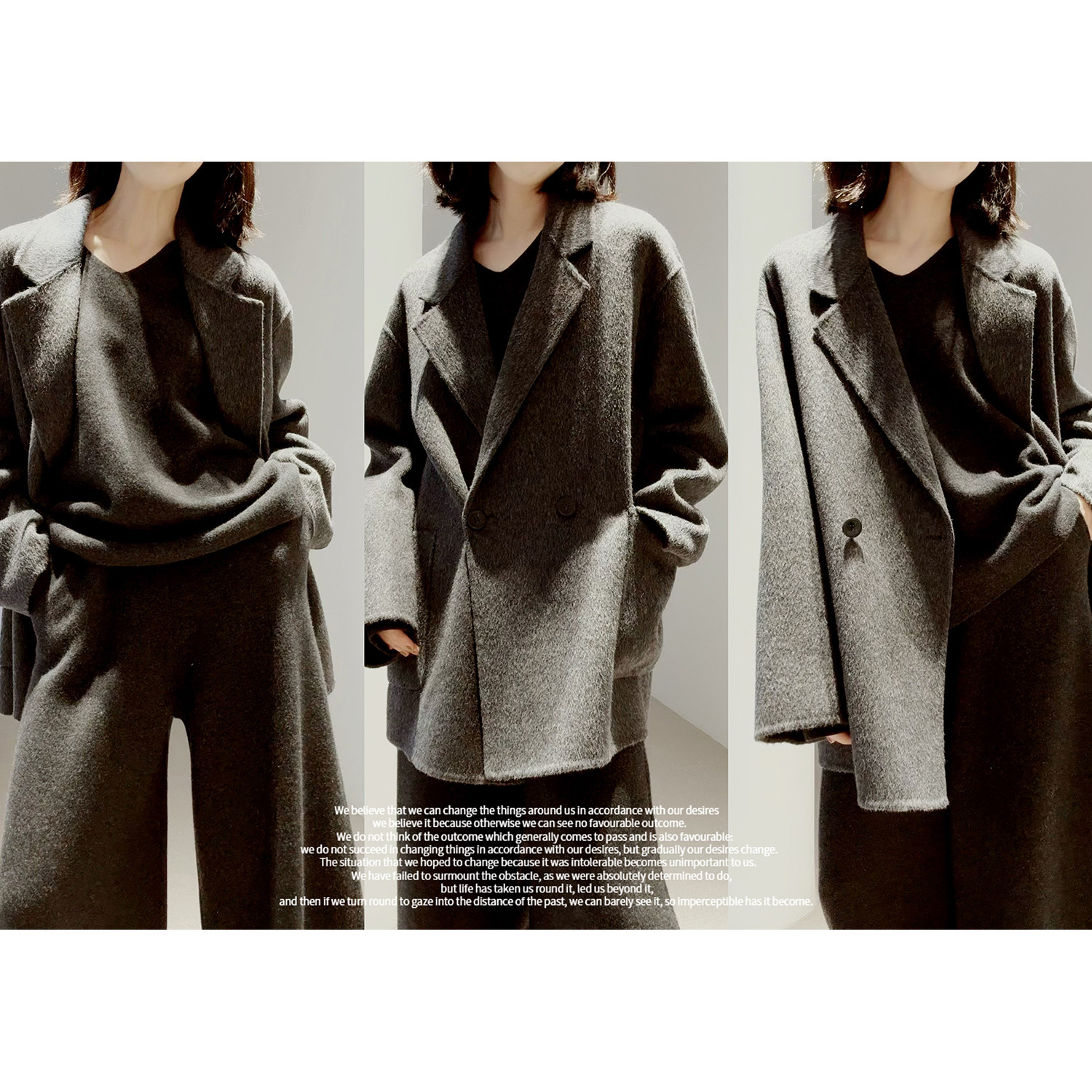 戎美【挪威雾灰】经典骆驼绒丝羊毛/双面呢大衣