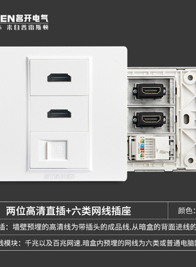 86型暗装千兆宽带信息网络面板 两位4K高清HDMI+六类网线电脑插座