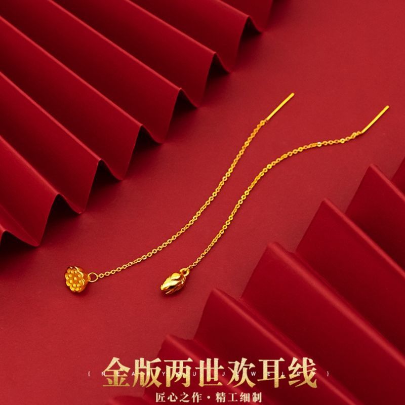 【正品】香港金六福莲蓬沙金耳线女爱心甜美耳饰镀金莲花水滴耳坠