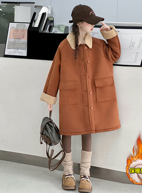 女童中长款加绒加厚毛领风衣2025新款儿童皮毛一体韩版保暖外套潮