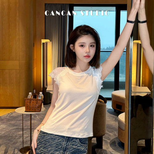 CANCANSTUDIO新中式蕾丝袖T恤