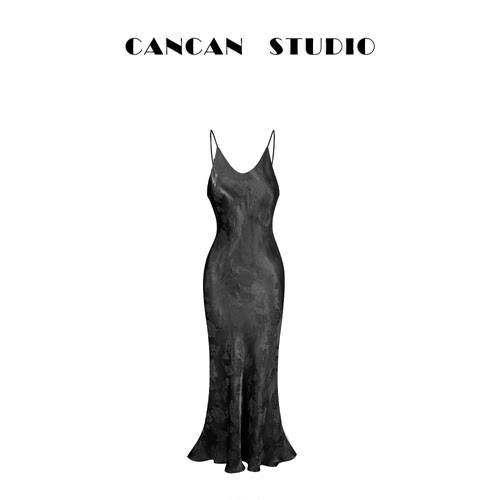 CANCAN STUDIO-新中式原创设计宽松黑色吊带裙G242101
