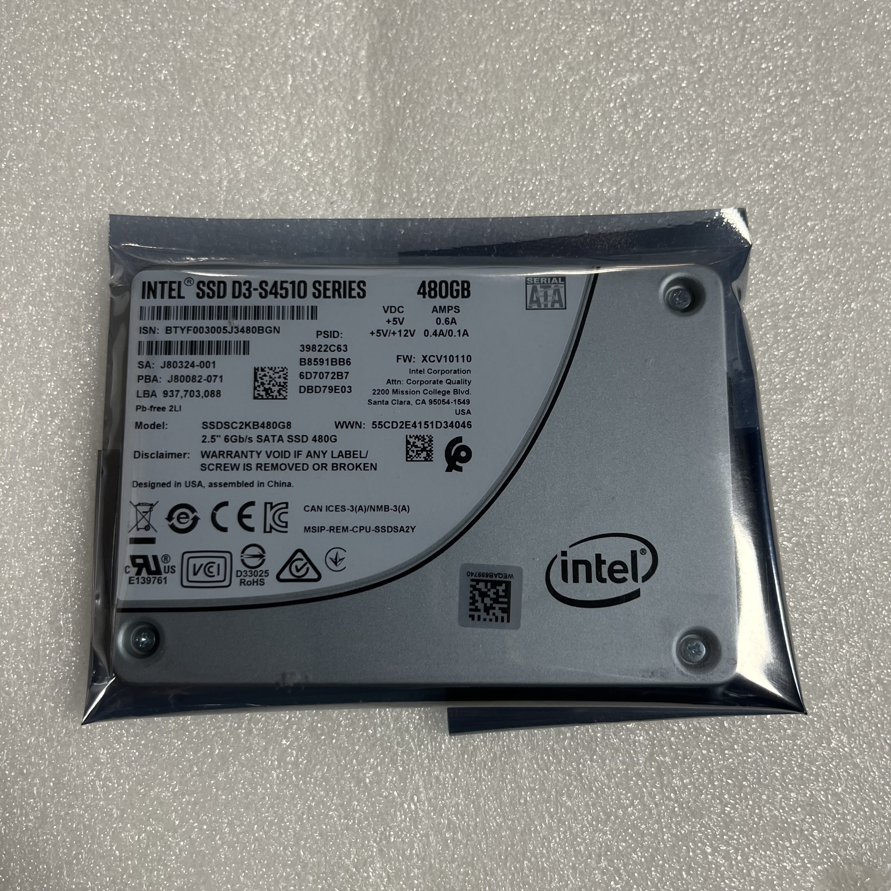 INTEL SSDSC2KB480G8 S4510 480G SATA SSD 企业级服务器固态硬盘