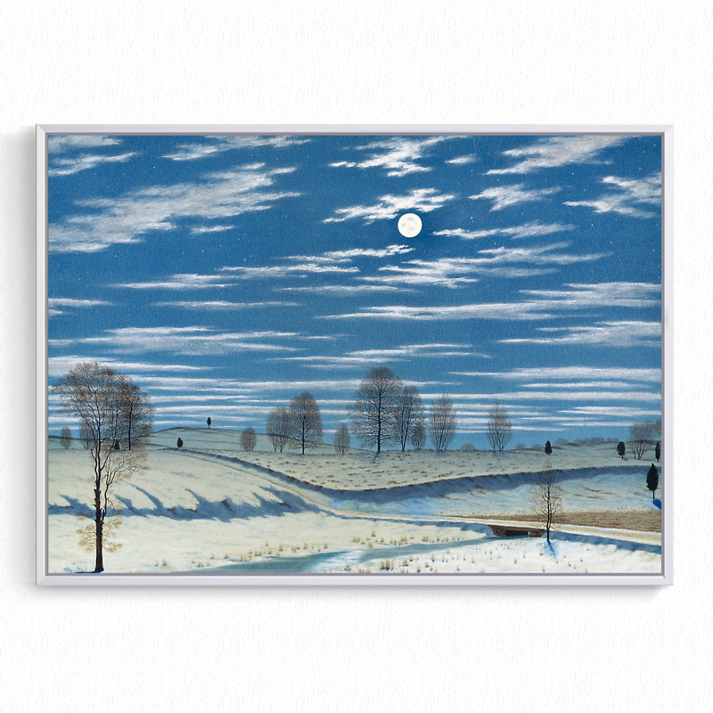 皎洁冬夜 冬日乡村雪景月亮月光宁静风景 大都会博物馆旁白装饰画