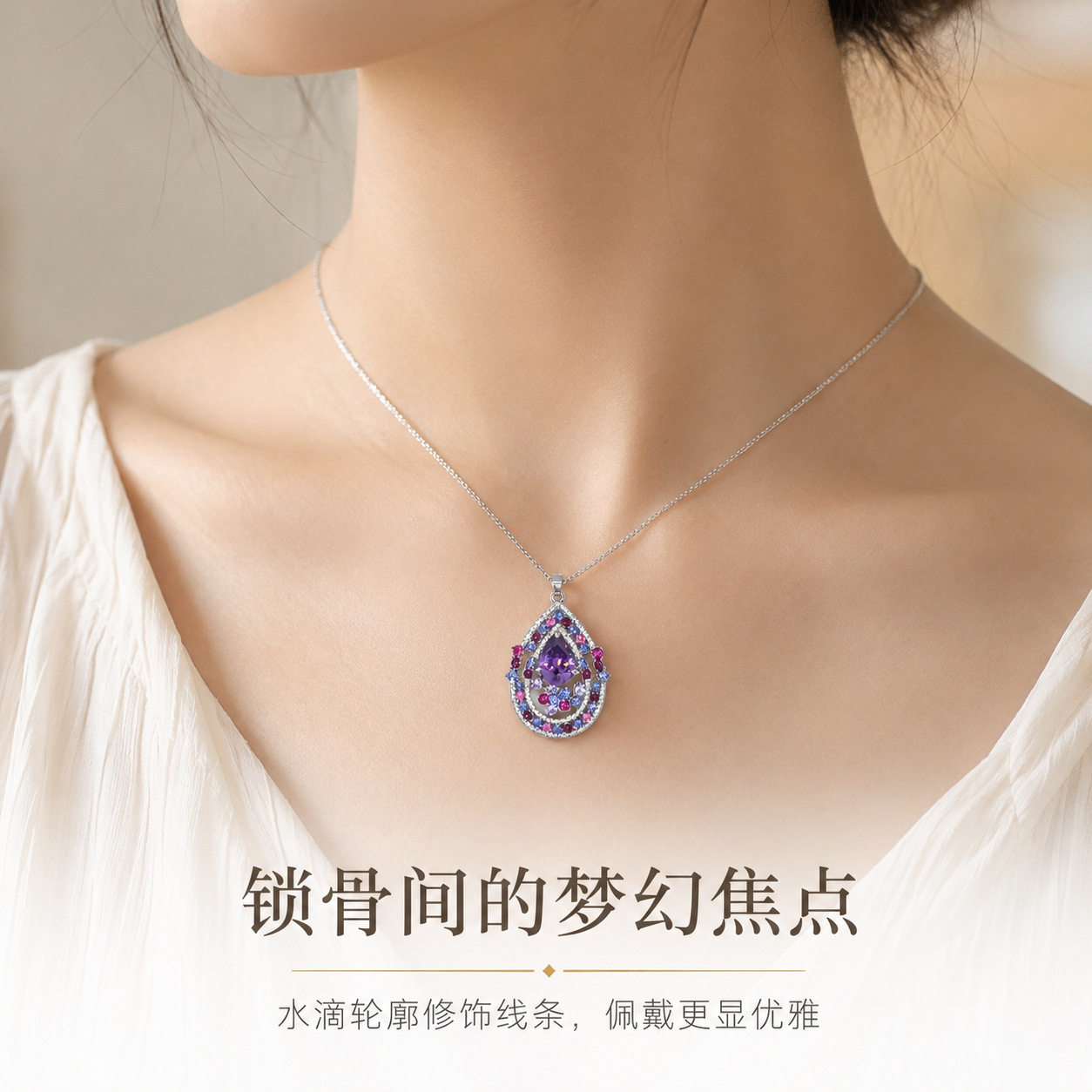 复古重工水滴紫水晶项链轻奢彩钻拼色吊坠长款锁骨链礼服配饰