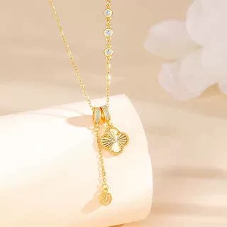 S925纯银四叶草项链铜钱镶钻