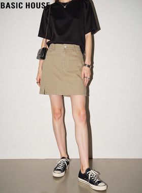 Basic House/百家好卡其色牛仔半身裙女2026春季新款高腰A字短裙