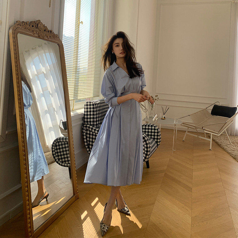 龙喜儿 收腰长袖衬衫连衣裙女法式高级设计感气质中长款裙子3028