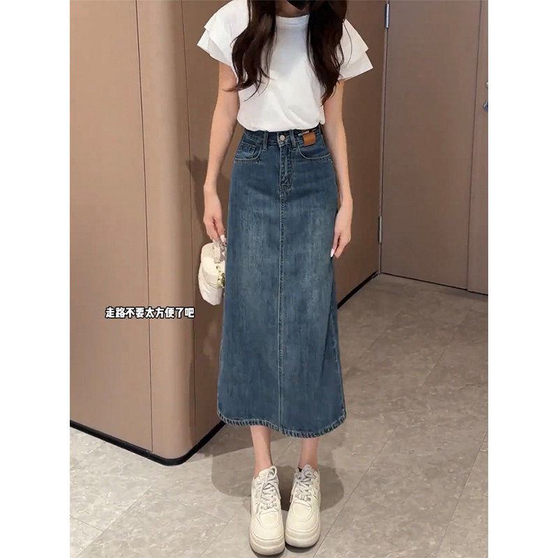 复古开叉牛仔半身裙女春夏新款梨形身材高腰小个子显瘦a字中长裙