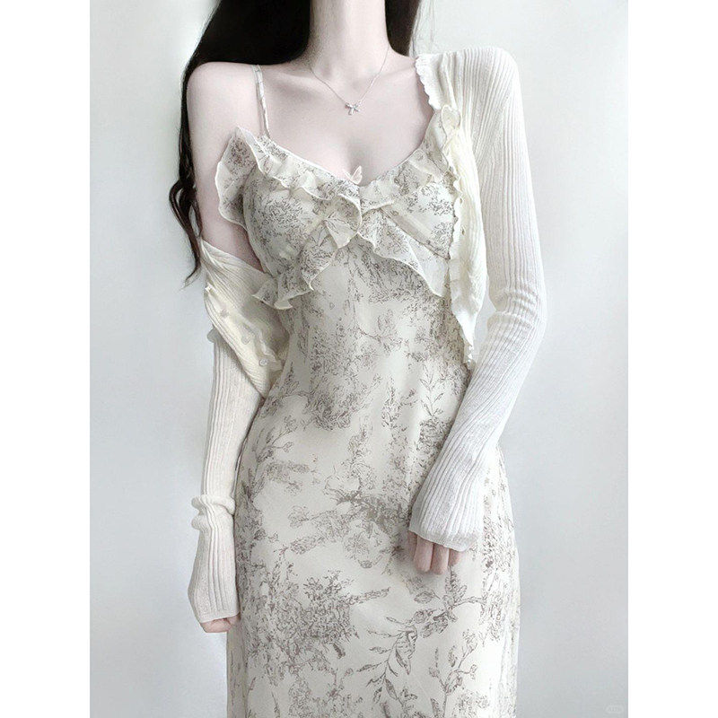 2026新款法式高级感小个子雪纺长裙碎花吊带连衣裙两件套装女夏