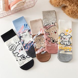 线条小狗袜子女春秋冬纯棉新品 可爱小熊中筒袜学生袜大童网红爆款