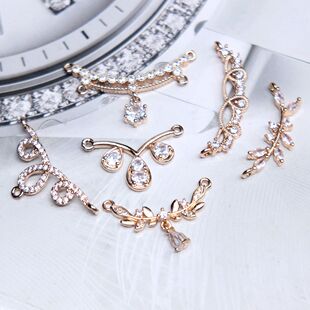 diy汉服发冠纯铜微镶锆石月形花枝半圆配件弧形链接异域风材料