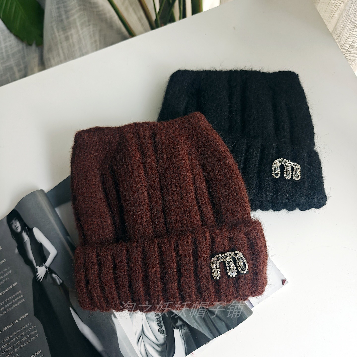 新款猫耳朵毛线帽女秋冬加厚包头护耳帽大头围显脸小毛绒针织帽子