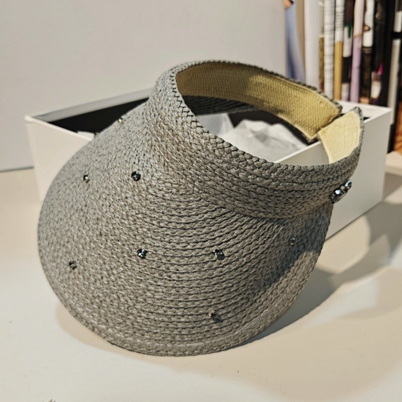高品质手工拉菲草空顶帽女士钉钻锆石遮阳帽沙滩防晒帽夏天发箍帽
