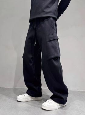 工装风多口袋束脚裤男黑色抽绳宽松阔腿直筒裤休闲长裤加绒新款