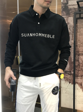 潮牌2025新品卫衣男衬衫领刺绣长袖T恤男士国潮百搭情侣套头卫衣