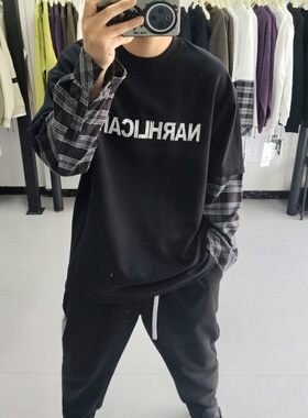 美式新潮风立体撞色拼接假两件休闲百搭男女卫衣春季新品设计款