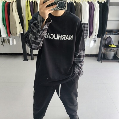 美式新潮风立体撞色拼接假两件