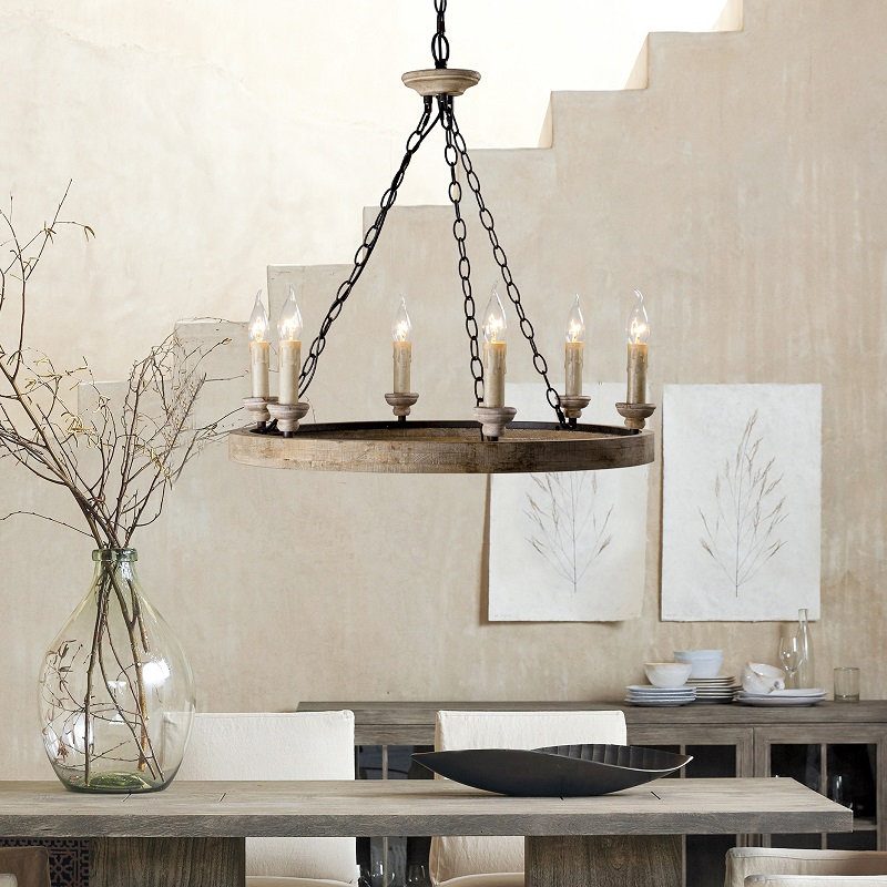 美式复古吊灯工业风木制车轮灯家用简约客厅灯餐厅灯设计师服装店