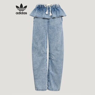 Adidas阿迪达斯三叶草荷叶边牛仔运动裤2026夏女休闲长裤KT3051