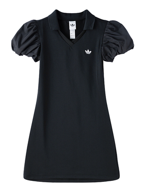 Adidas阿迪达斯三叶草翻领泡泡袖修身长裙2026春女连衣裙KD0302