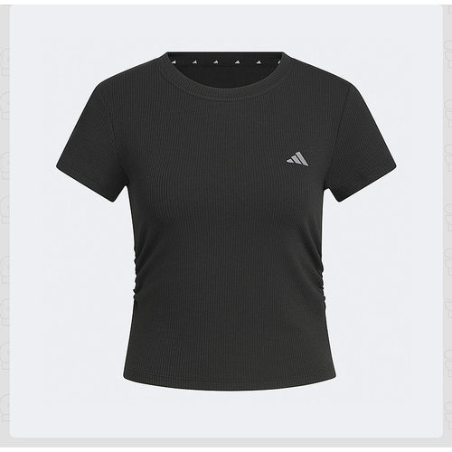 adidas阿迪达斯修身黑色褶皱收腰半袖26夏女短款短袖T恤 KH2653