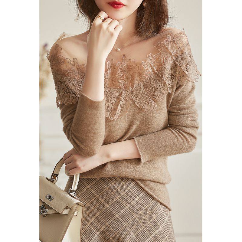 针织刺绣打底衫女秋冬洋气爆款独特设计蕾丝边上衣高级感内搭毛衣