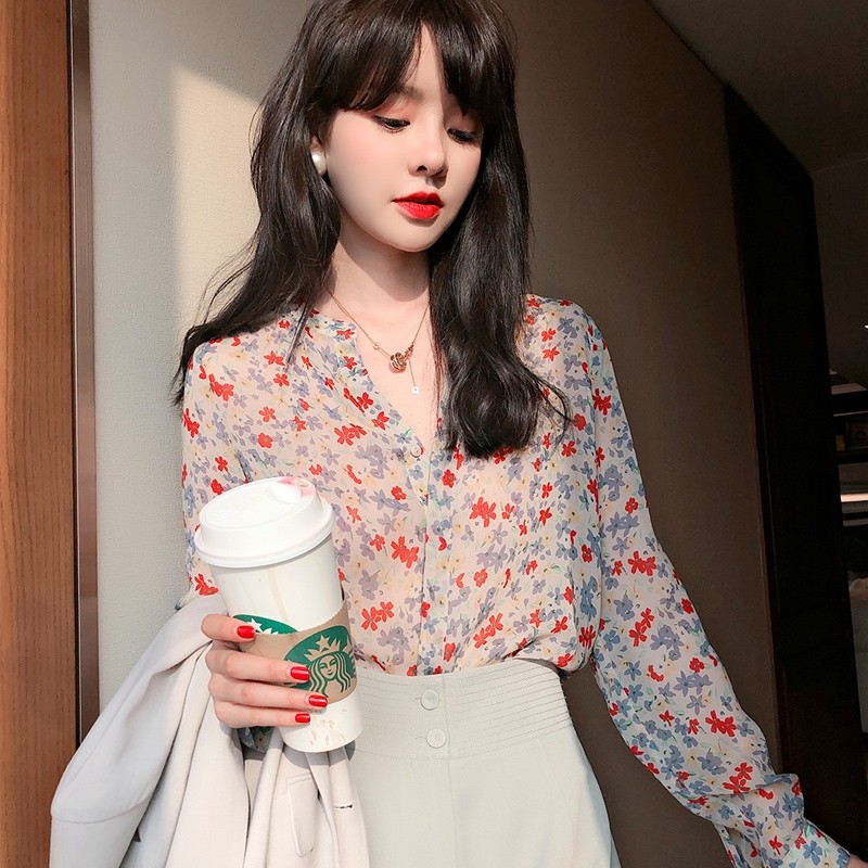 雪纺碎花衬衫女夏设计感小众法式甜美别致上衣薄款慵懒风OL衬衣秋