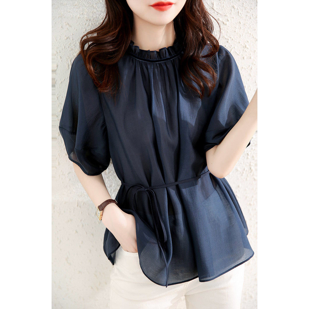 法式设计感小众薄款短袖衬衫女夏季高级感OL职业气质收腰雪纺上衣