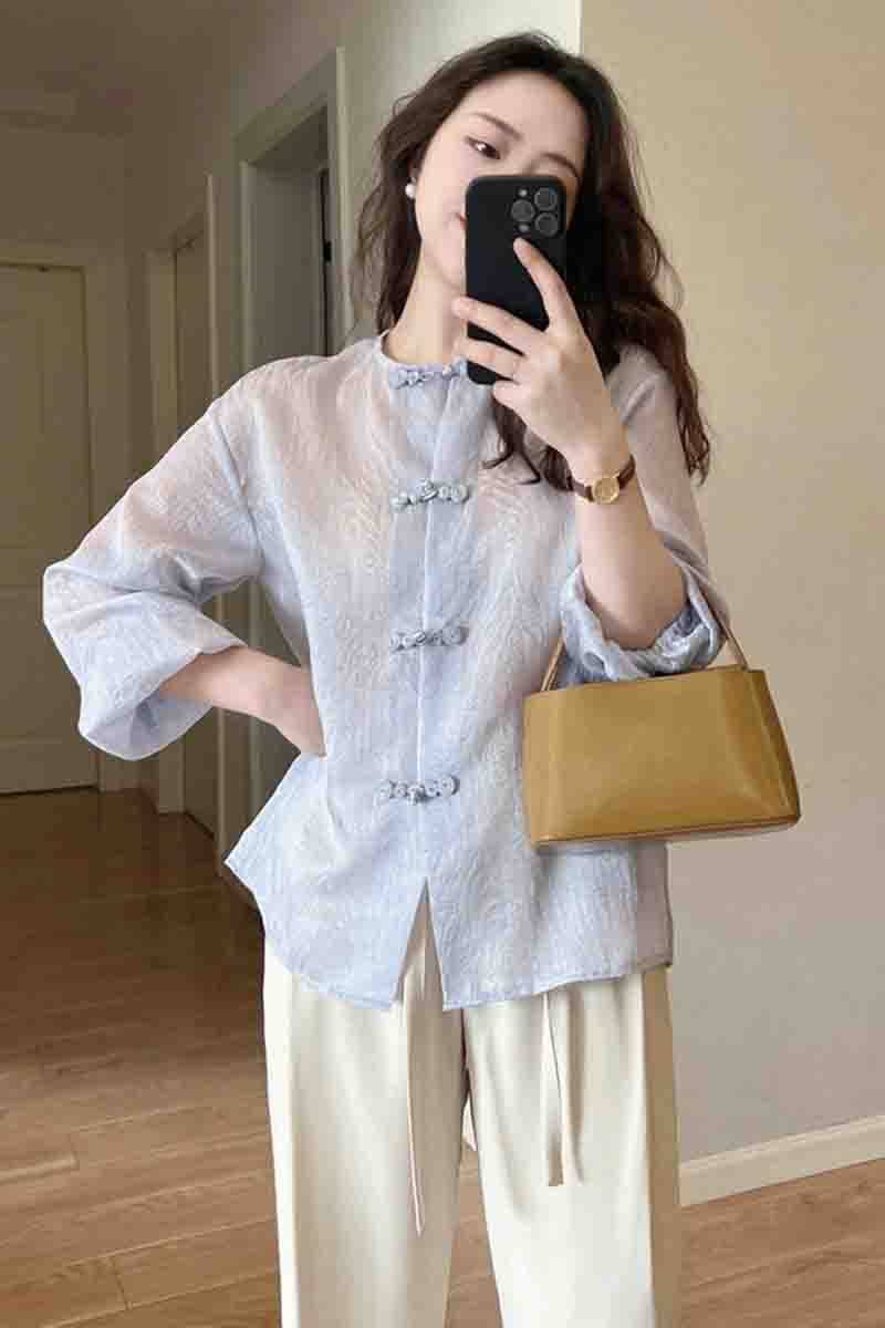 新中式复古设计感蓝色雪纺盘扣衬衫女春季新款民族风气质长袖上衣