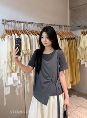 DES夏新款韩系设计感不规则短袖T恤女宽松显瘦百搭上衣女65155