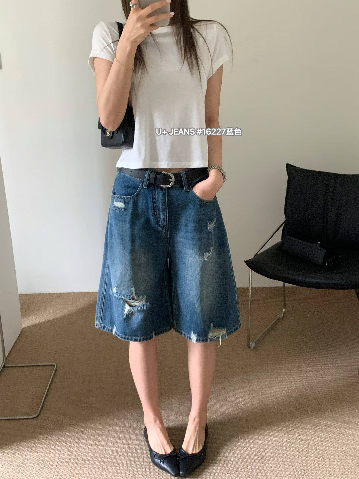 夏季新款韩系复古破洞牛仔阔腿五分短裤女中裤阔腿裤潮U+16227