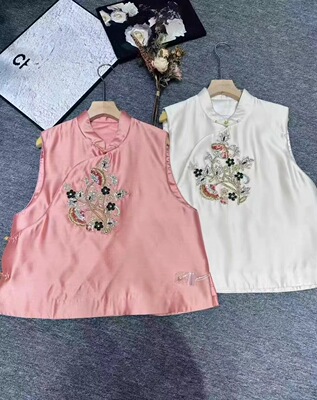 【新中式】真丝毛缎国风盘扣牡丹花珠片刺绣夹棉马甲新品79430