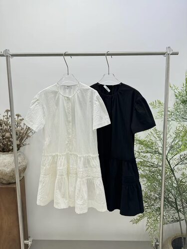 欧洲站女装PH23 新款2026春季泡泡袖半开扣洗水棉连衣裙4991