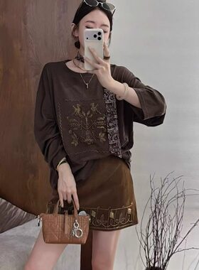 欧洲站女装2026秋季新款复古印花长袖T恤宽松遮肉慵懒风休闲6080