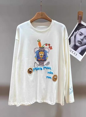 欧洲站2025秋季女圆领字母卡通花瓶减龄百搭宽松长袖T恤上衣07513