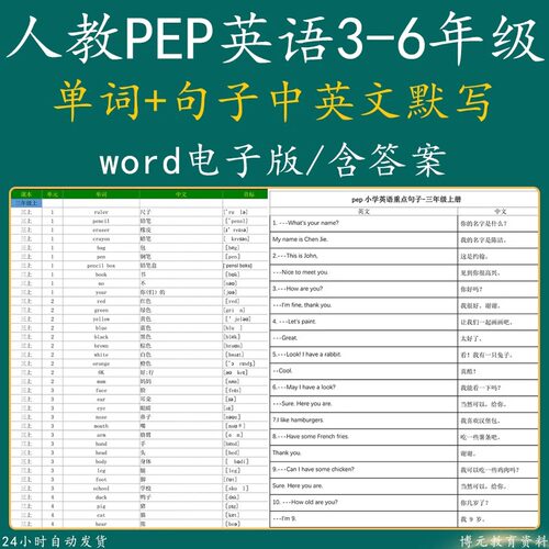 新人教PEP版小学英语三四五六年级上下册单词重点句子默写表电子